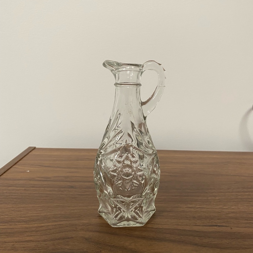 Vintage Clear Pressed Glass Cruet Starburst Pattern Oil and‎ Vinegar Bottle